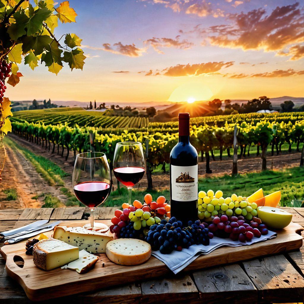 A picturesque vineyard at sunset, with rows of grapevines laden with ripe fruit, a wine glass reflecting the warm hues of the sky. In the foreground, a rustic wooden table is set with a gourmet cheese platter and an open bottle of red wine, inviting the viewer to indulge. In the background, a group of diverse people joyfully toasting, embodying the spirit of enthusiastic consumption and appreciation for viniculture. The scene exudes warmth, celebration, and a sense of journey through flavor. super-realistic. vibrant colors. 3D.