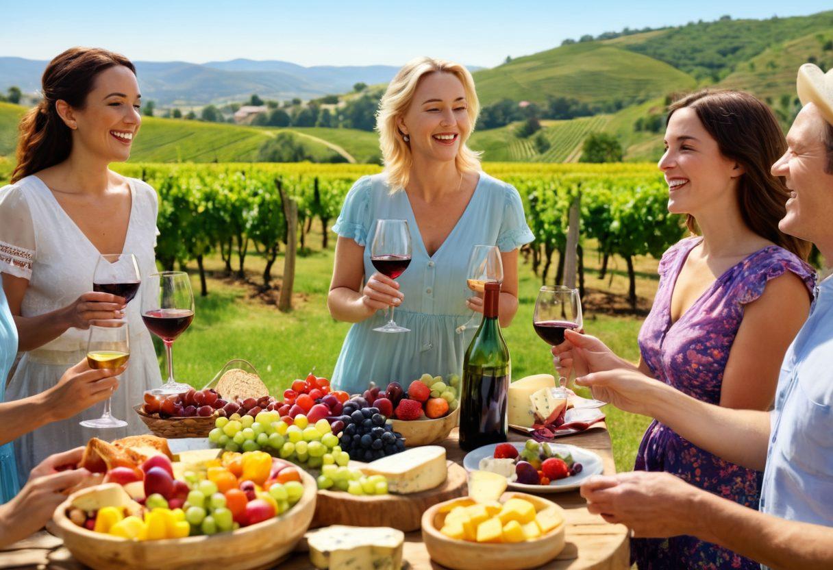 A whimsical vineyard scene with diverse groups of people joyfully tasting wine, celebrating with laughter and cheers. Include colorful wine glasses clinking together, an assortment of artisan cheeses, and vibrant flowers decorating picnic tables. Capture a warm, sunny day atmosphere with rolling hills in the background. super-realistic. vibrant colors.