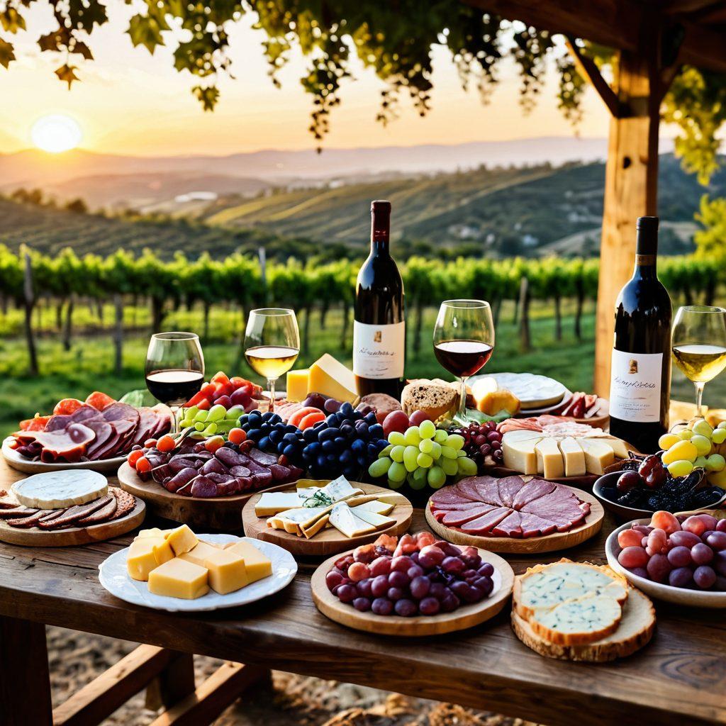 A rustic wooden table set in a sunlit vineyard, featuring an array of delectable gourmet dishes artfully paired with various artisan wine bottles. In the background, lush grapevines cascade down rolling hills, with a soft golden sunset illuminating the scene. Include elegant wine glasses filled with rich, vibrant wines and a charcuterie board showcasing artisanal cheeses and cured meats. The atmosphere is warm and inviting, inviting viewers to imagine the perfect dining experience. super-realistic. vibrant colors. soft focus.